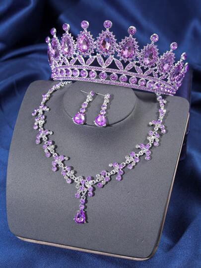 Elegante conjunto de joyería con corona de reina con rhinestones para mujer, para boda, gala, fiesta, baile (collar, aretes, corona) Accesorios para el Día de San Valentín