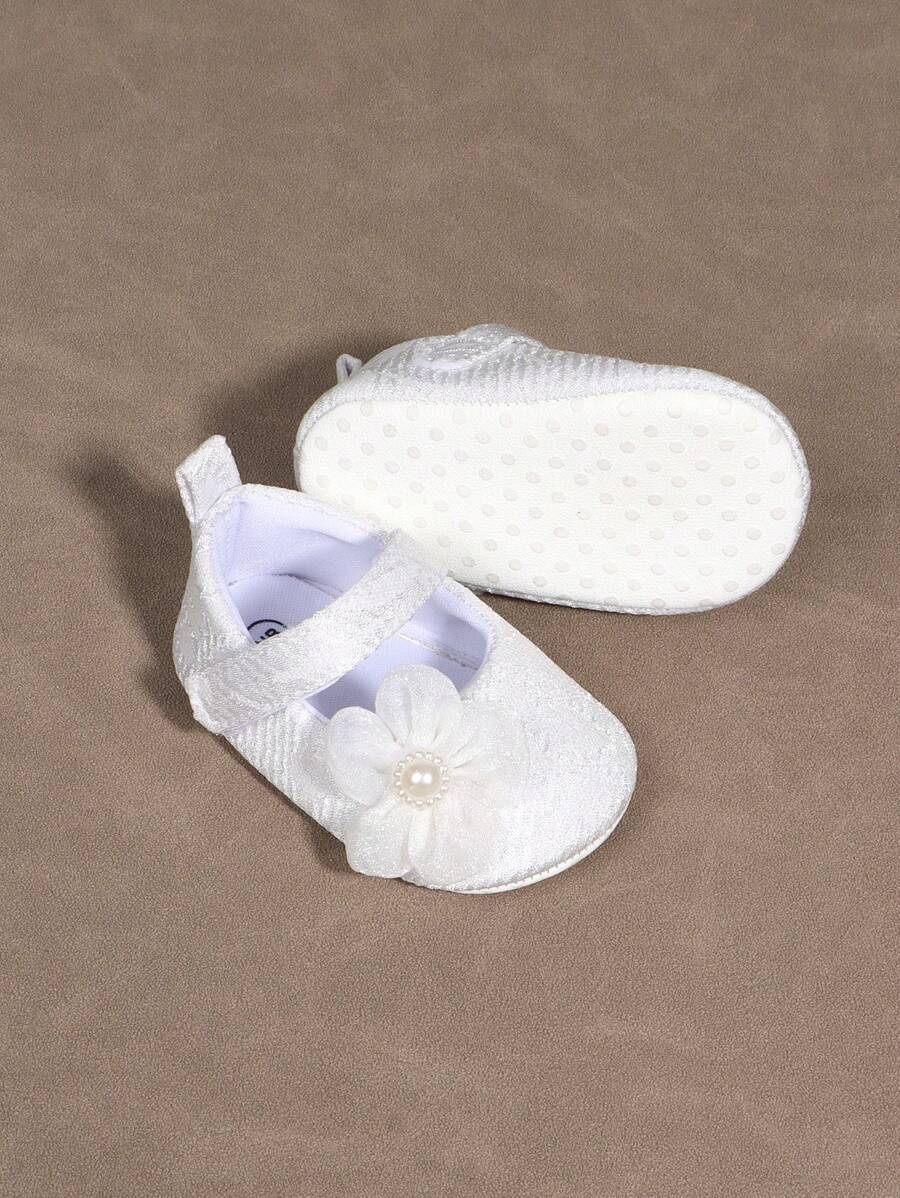 1 par de zapatos Mary Jane para niñas de unicolor decorados con flores en PU con correa de gancho y lazo, antideslizantes, adecuados para primavera y otoño - Blanco - Ver 1