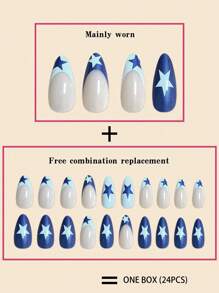 24pcs Almond Shape False Nails In Blue Color Including French Style, Royal Blue Star, Blue Star, And Waterdrop Shape Design + Jelly Gel + Nail File Press On Nails Nail Supplies - Royal Blue - View 3