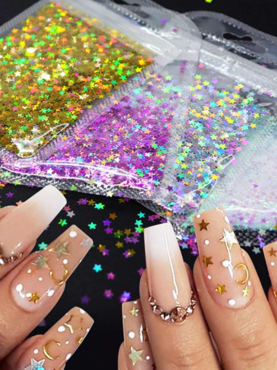 3g Bag Holographic Silver Pentagram Nail Glitter, 3mm Colorful Asymmetric Nail Art Sequins Decorations