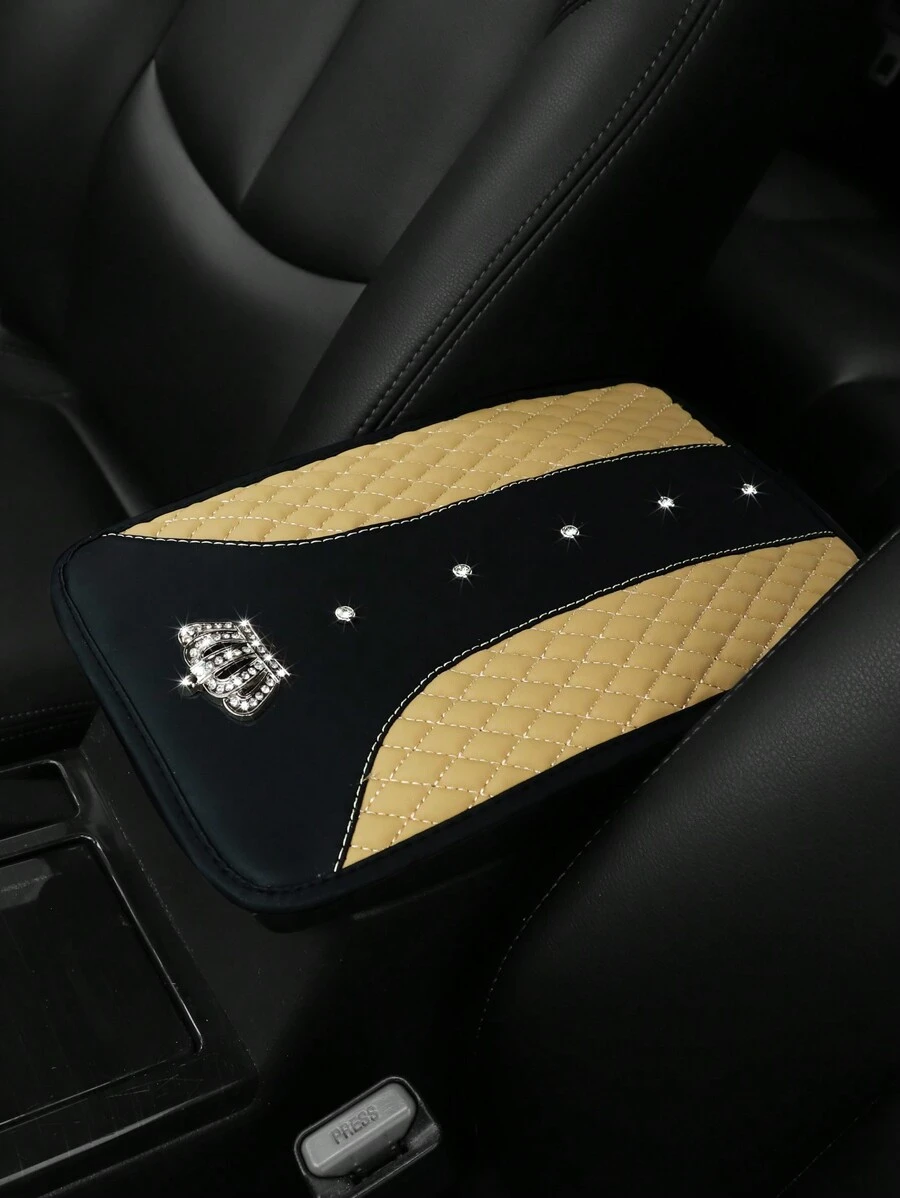 MEIKAXIU 1入車用置物盒靠墊，車臺中央控制臺加寶石防水皇冠刺繡仿羊皮金屬蓋墊，閃閃發光舒適汽車配件