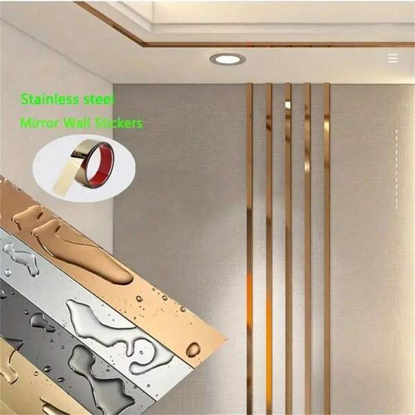 1 rollo de adhesivos de pared dorados, líneas decorativas planas de acero inoxidable, tiras de borde de techo de titanio para espejo de pared, decoración de sala de estar