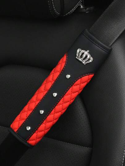 MEIKAXIU 1pc Bling-Bling Crown And Rhinestone Leather Embroidery Car Seat Belt Shoulder Pad, Comfortable And
