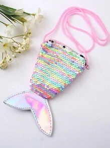 Sequined Mermaid Tail Shaped Coin Purse With Shoulder Strap, Children Mini Crossbody Bag, Double Color Sparkly Change Wallet For Girls