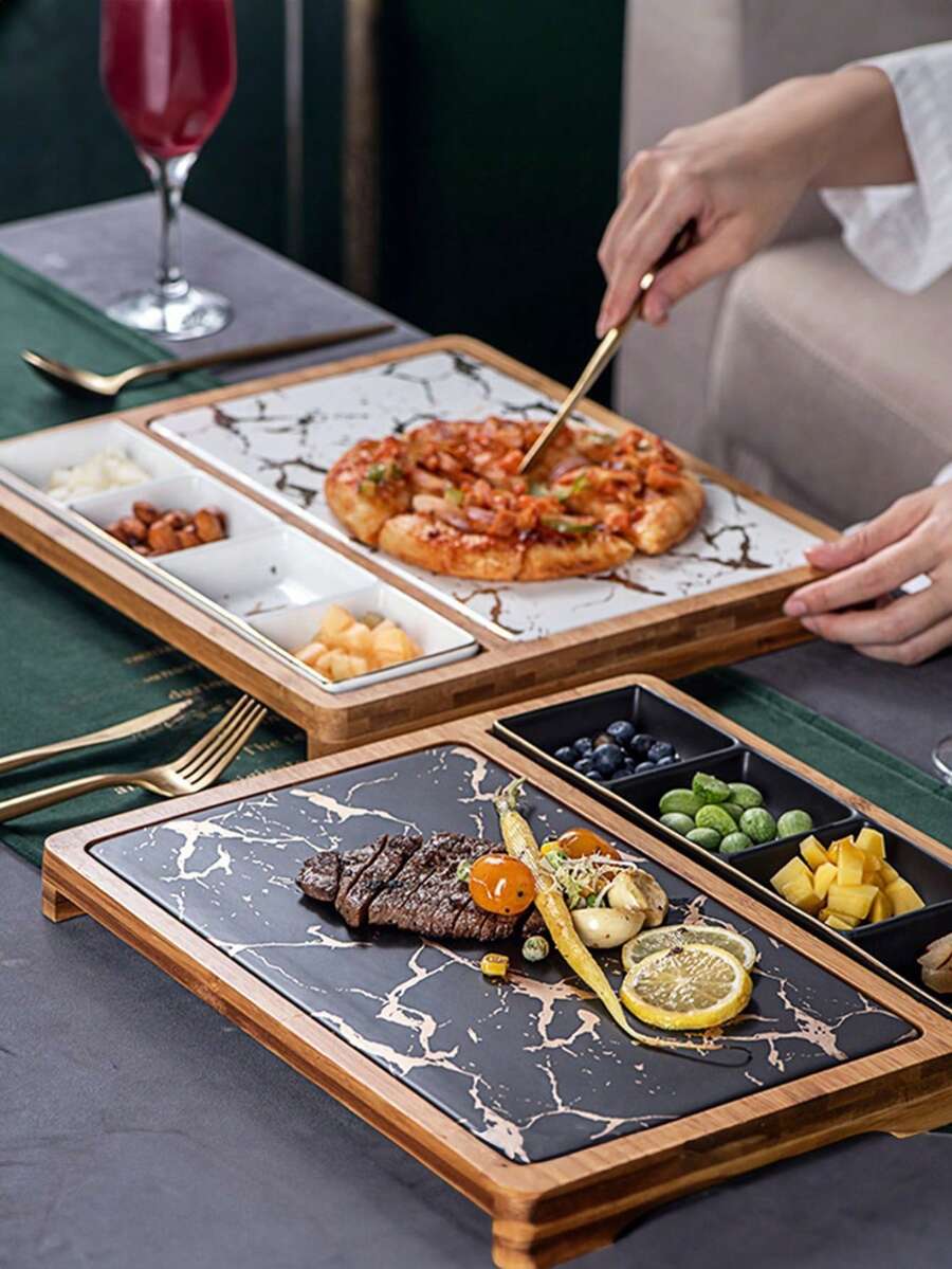 1pc Nordic Style Ceramic Marble Golden Texture Rectangle Plate With