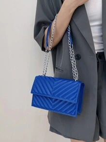 Fashionable Large Flap Shoulder Bag With Chain Strap And Quilted Diamond Pattern - Blue - View 6