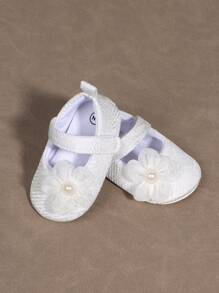 1 par de zapatos Mary Jane para niñas de unicolor decorados con flores en PU con correa de gancho y lazo, antideslizantes, adecuados para primavera y otoño - Blanco - Ver 3