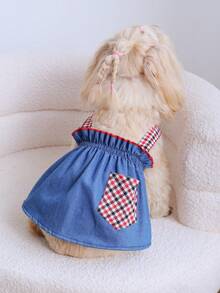 1 pieza de peto vaquero con estampado de estilo campestre francés adecuado para gatos y perros en primavera y verano - Azul - Ver 6