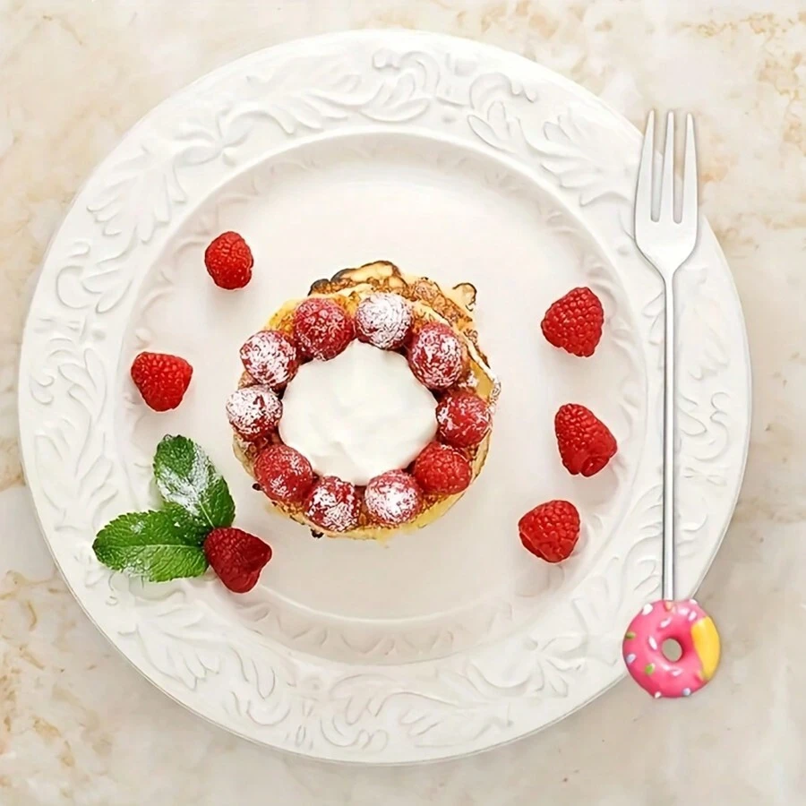 1入創意卡通甜甜圈匙叉套裝-粉紅、紅色和藍色，不鏽鋼，適用於咖啡、水果、西餐，家庭和餐廳使用