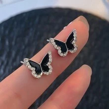 1 par de pendientes de botón con mariposa de cristal - Plateado - Ver 7