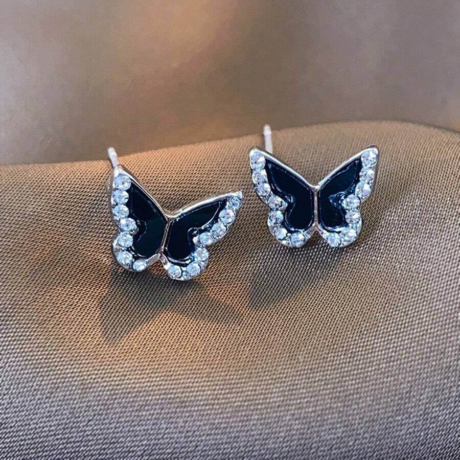 1 par de pendientes de botón con mariposa de cristal - Plateado - Ver 1