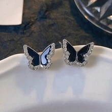 1 par de pendientes de botón con mariposa de cristal - Plateado - Ver 8