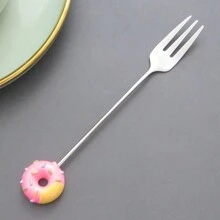 1入創意卡通甜甜圈匙叉套裝-粉紅、紅色和藍色，不鏽鋼，適用於咖啡、水果、西餐，家庭和餐廳使用 - 玫紅色 - 查看 5