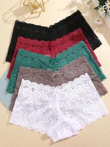 5pcs/Set Women's Lace Pattern Breathable Christmas Color Bikini Panties, Comfortable Daily/Gift Underwear Set - Multicolor - View 4