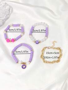 Set de 4 pulseras de adornos dulces hechas a mano de cerámica suave de flores púrpuras y corazones, perfectas para fiestas de vacaciones y pulseras para la mejor amiga. - Multicolor - Ver 5