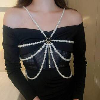 1pc Fashion Multi-Layer Faux Pearl Tassel Necklace, Body Chain Waist Belt With Irregular Beaded Decor, Suitable For Women's Party, Wedding, Jewelry Accessories