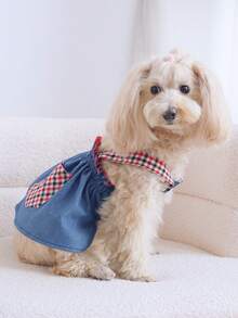 1 pieza de peto vaquero con estampado de estilo campestre francés adecuado para gatos y perros en primavera y verano - Azul - Ver 5