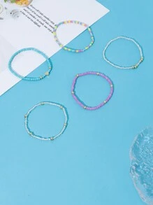 5pcs Handmade Minimalist Heart Decorated Beaded Stretch Bracelet Set For Beach Vacation Party Or Friendship Valentines