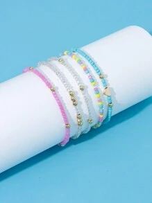 5pcs Handmade Minimalist Heart Decorated Beaded Stretch Bracelet Set For Beach Vacation Party Or Friendship Valentines
