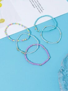 5pcs Handmade Minimalist Heart Decorated Beaded Stretch Bracelet Set For Beach Vacation Party Or Friendship Valentines