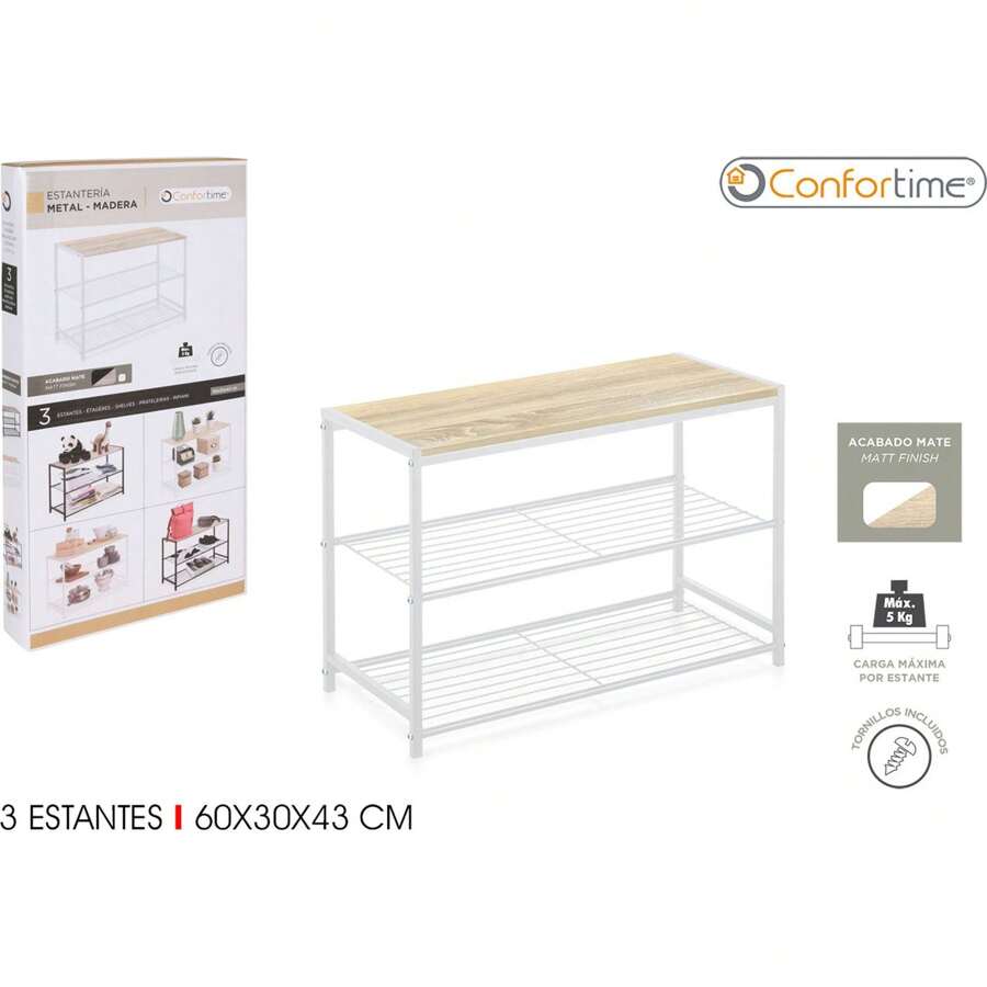 Confortime Versatile And Multipurpose White Metal And Wood Shelf 3 Levels | White 3-Tier Metal And Wood Shelf Easy To Assemble And Use, Saves Space And Offers Multifunctional Use, Perfect For Organizing Books, Drations And More - 彩色 - 查看 1