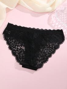 Solid Color Lace Patchwork Simple & Comfortable Triangle Panties - Black - View 7