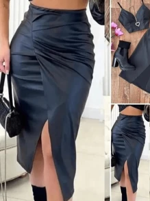 Saia Midi Femina Com Fenda E Drapeado Frontal Tecido Courino Couro Fake. - Preto - Visão 2