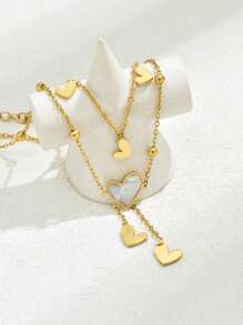 1 件奢华不锈钢镀金水钻优雅心形花朵流苏双层沙滩脚链 - 金色 - 查看 3