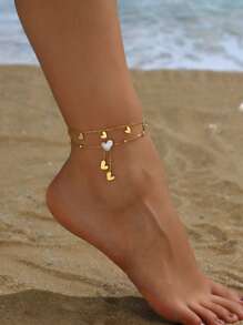 1 件奢华不锈钢镀金水钻优雅心形花朵流苏双层沙滩脚链 - 金色 - 查看 2