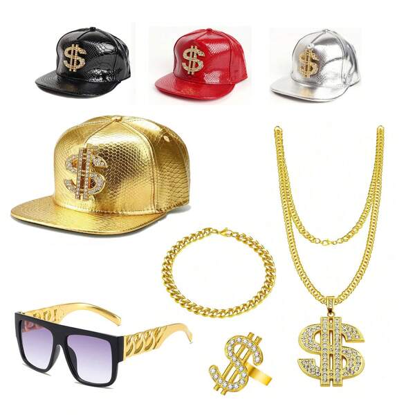 5Pcs Hip Hop Costume Kit 80s 90s Rapper Accessories Set Gold Rapper Hat Baseball Cap Punk Sunglasses Gold Dollar Sign Pendant Necklace Ring Bracelet For Men Women Carnivals,Throwback Party Outfit Halloween Jewelry Fun Accessories