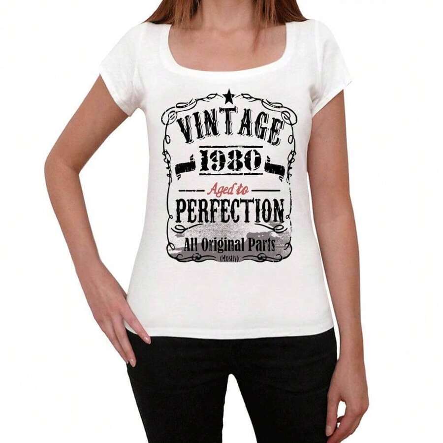 Women's Graphic T-Shirt All Original Parts Aged To Perfection 1980 45th Birthday Anniversary 45 Year Old Gift 1980 Vintage Friendly Ladies Short Sleeve Novelty Tee