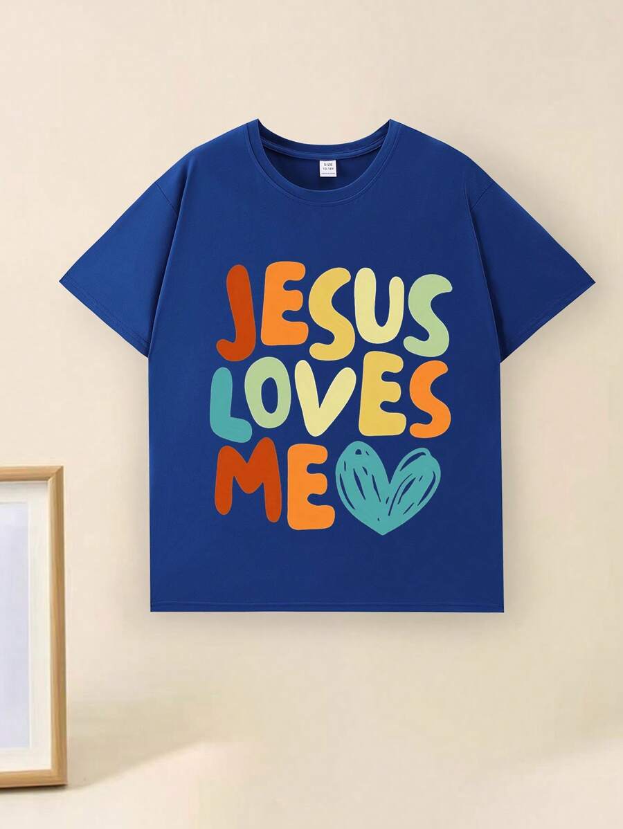 2024春夏款少年時尚心形標語圓領T恤 - 藍色 - 查看 1