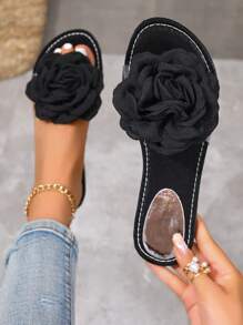 Fashionable Summer New Arrival Flower Flat Slippers, Anti-Slip Beach Sandals For Outdoor Wear - Black - View 4