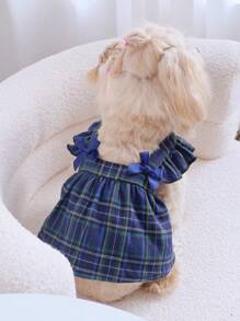 1 chiếc váy nhung kẻ caro phong cách thanh lịch, sang trọng, tay áo có nơ cho mèo và chó, phù hợp với mọi mùa - Màu xanh hải quân - Xem 8