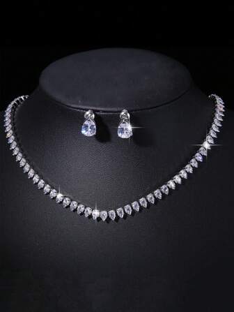 3pcs/Set Fashionable Luxury Water-Drop Cubic Zirconia Women Earrings Necklace Jewelry Sets For Wedding Party Daily Wear