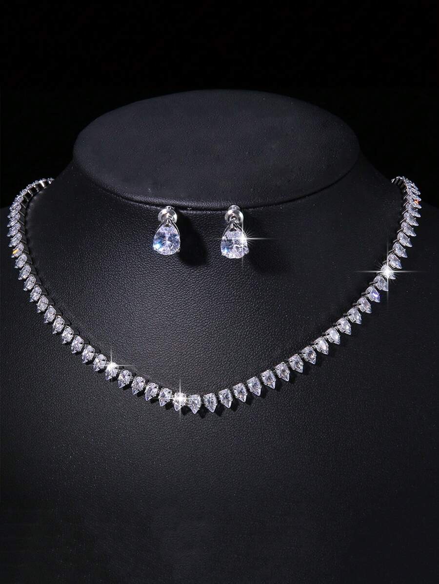 3pcs/Set Fashionable Luxury Water-Drop Cubic Zirconia Women Earrings Necklace Jewelry Sets For Wedding Party Daily Wear