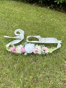 1 pieza Cinturón para mamá - Faja de maternidad hecha a mano con flor y diadema con rosa para novia, niña de las flores, accesorios para sesión de fotos de maternidad, cinturones con flores para mujeres en bodas, cinturón para baby shower, faja floral para sesión de fotos de maternidad, regalos para fiesta de bienvenida del bebé y descubrimiento del género - Multicolor - Ver 7