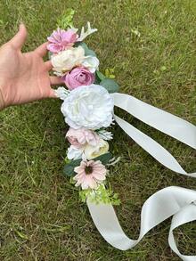 1 pieza Cinturón para mamá - Faja de maternidad hecha a mano con flor y diadema con rosa para novia, niña de las flores, accesorios para sesión de fotos de maternidad, cinturones con flores para mujeres en bodas, cinturón para baby shower, faja floral para sesión de fotos de maternidad, regalos para fiesta de bienvenida del bebé y descubrimiento del género - Multicolor - Ver 5