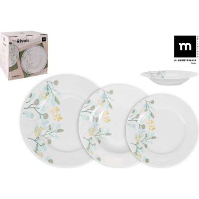 La Mediterránea Vaisselle ronde de 18 pièces Collection Rivoli comprenant 6 assiettes plates (24 cm), 6 assiettes creuses (21,5 cm) et 6 assiettes à dessert (19 cm) | Vaisselle au design méditerranéen et polyvalent, idéale pour les occasions spéciales