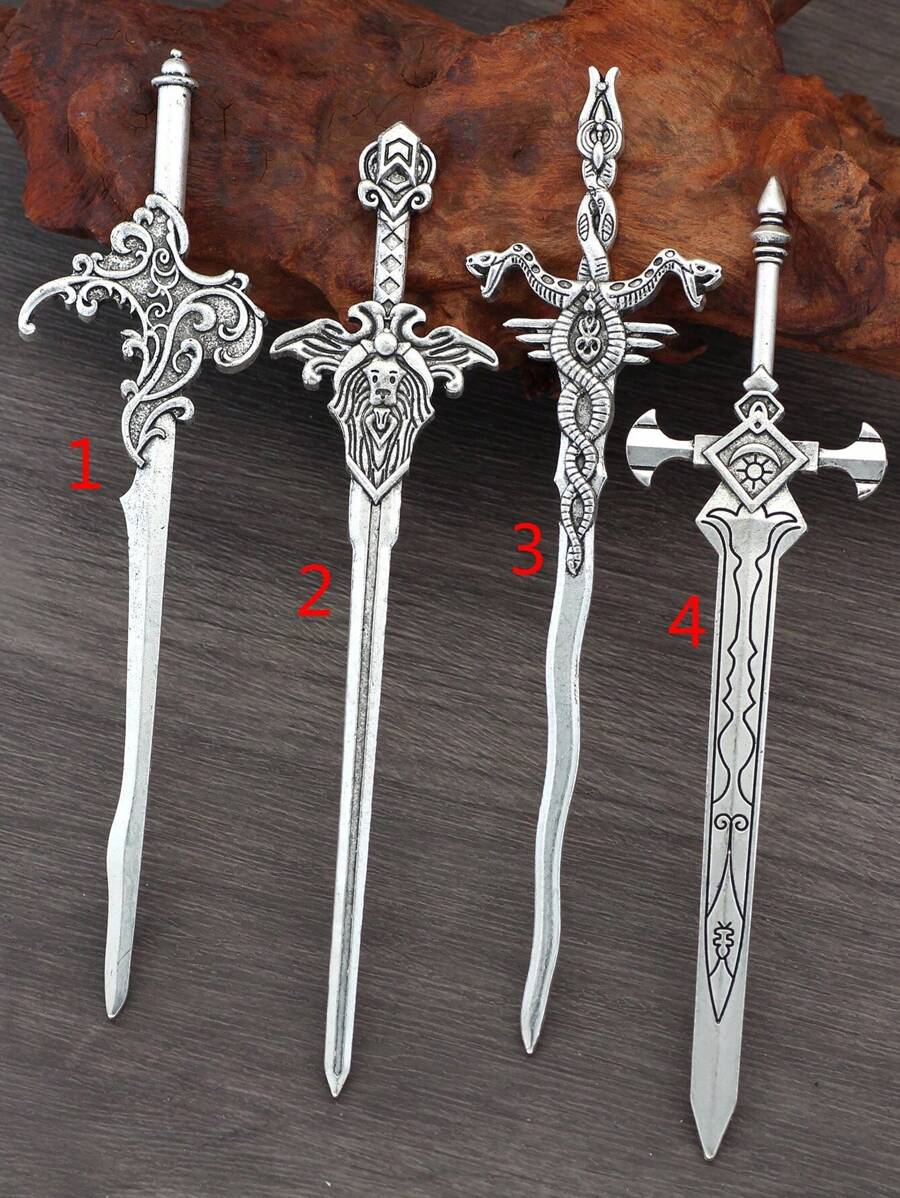 XJYHDY 1 Stück Retro Wikinger Schwert Haarstäbchen, Mithril Schwert Fantasy Haarstäbchen, Heidnischen Haarschmuck, Wikinger Haarstäbchen, Wikinger Haarnadel - Silber - Übersicht 1
