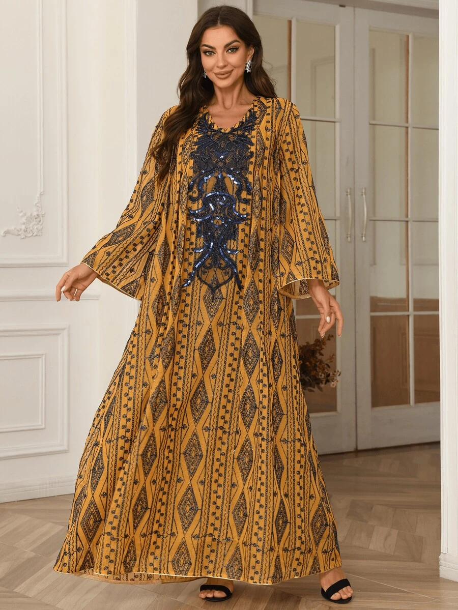 Muslim Beaded Embroidery Mesh Floral V-Neck Long Robe - Yellow - View 1