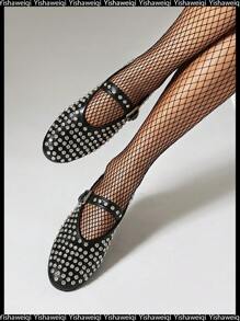 Yishaweiqi Crystal Rhinestone Flats For Women Buckle Strap Mary Jane Flats Glitter Studded Ballet Flats Comfortable Round Toe Casual Ballerina Dress Shoes - 黑色 - 查看 2