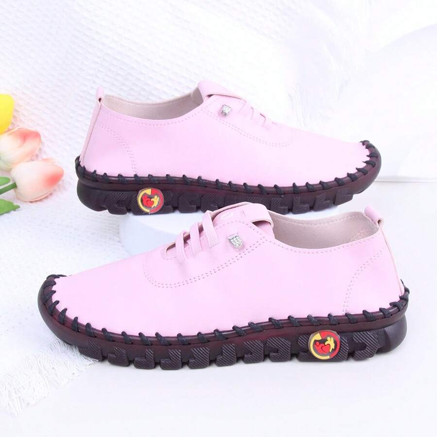 Zapatos planos informales para mujer con detalles de costura, empeine bajo, cómodos y ligeros, adecuados para todas las estaciones - Rosa - Ver 1