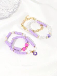 Set de 4 pulseras de adornos dulces hechas a mano de cerámica suave de flores púrpuras y corazones, perfectas para fiestas de vacaciones y pulseras para la mejor amiga. - Multicolor - Ver 6