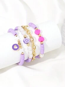 Set de 4 pulseras de adornos dulces hechas a mano de cerámica suave de flores púrpuras y corazones, perfectas para fiestas de vacaciones y pulseras para la mejor amiga. - Multicolor - Ver 2