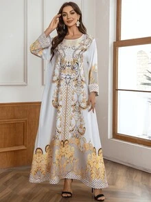 Women's Vintage Flower Print Rhinestone Beaded Bell Sleeve Dress, Elegant Palace Style For Spring And Summer - Yellow - View 1