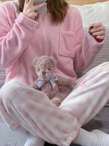 淺藍色圓領睡衣套裝，格紋睡衣套裝，純色家居服套裝。休閒格紋睡衣套裝。 - 淺粉色 - 查看 2