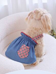 1 pieza de peto vaquero con estampado de estilo campestre francés adecuado para gatos y perros en primavera y verano - Azul - Ver 12