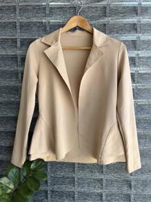 Women's Formal Blazer With Ruffle Details On The Sides, Thick Neoprene Fabric - Beige - View 1