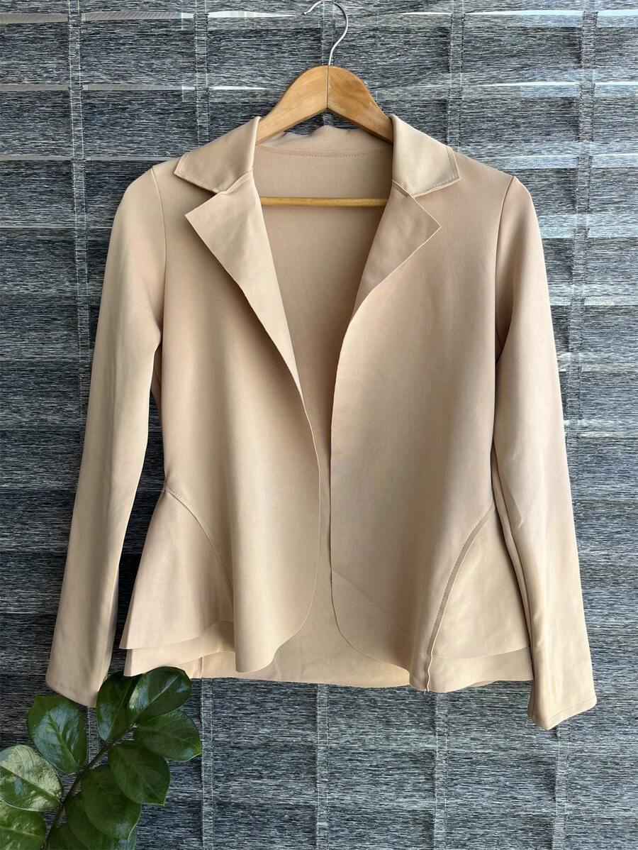 Women's Formal Blazer With Ruffle Details On The Sides, Thick Neoprene Fabric - Beige - View 1